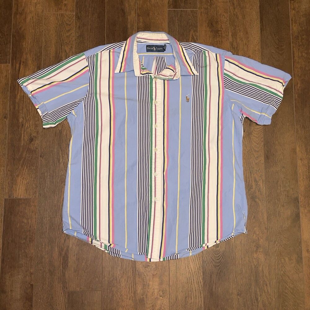Ralph Lauren Shirt Mens XL Multicolor Striped Short Sleeve Button Up Classic